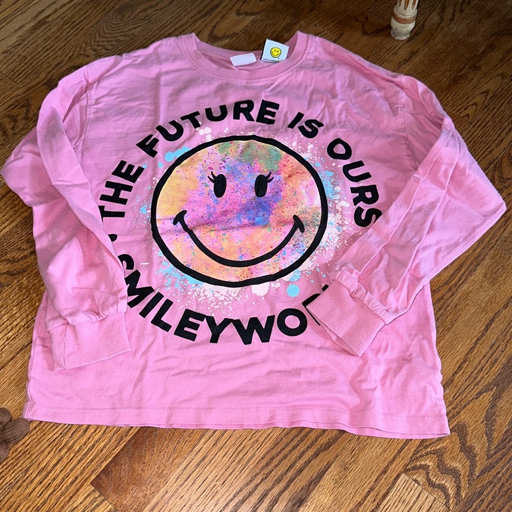 Zara Pink Long Sleeve Tee with Multicolor Smiley Graphic